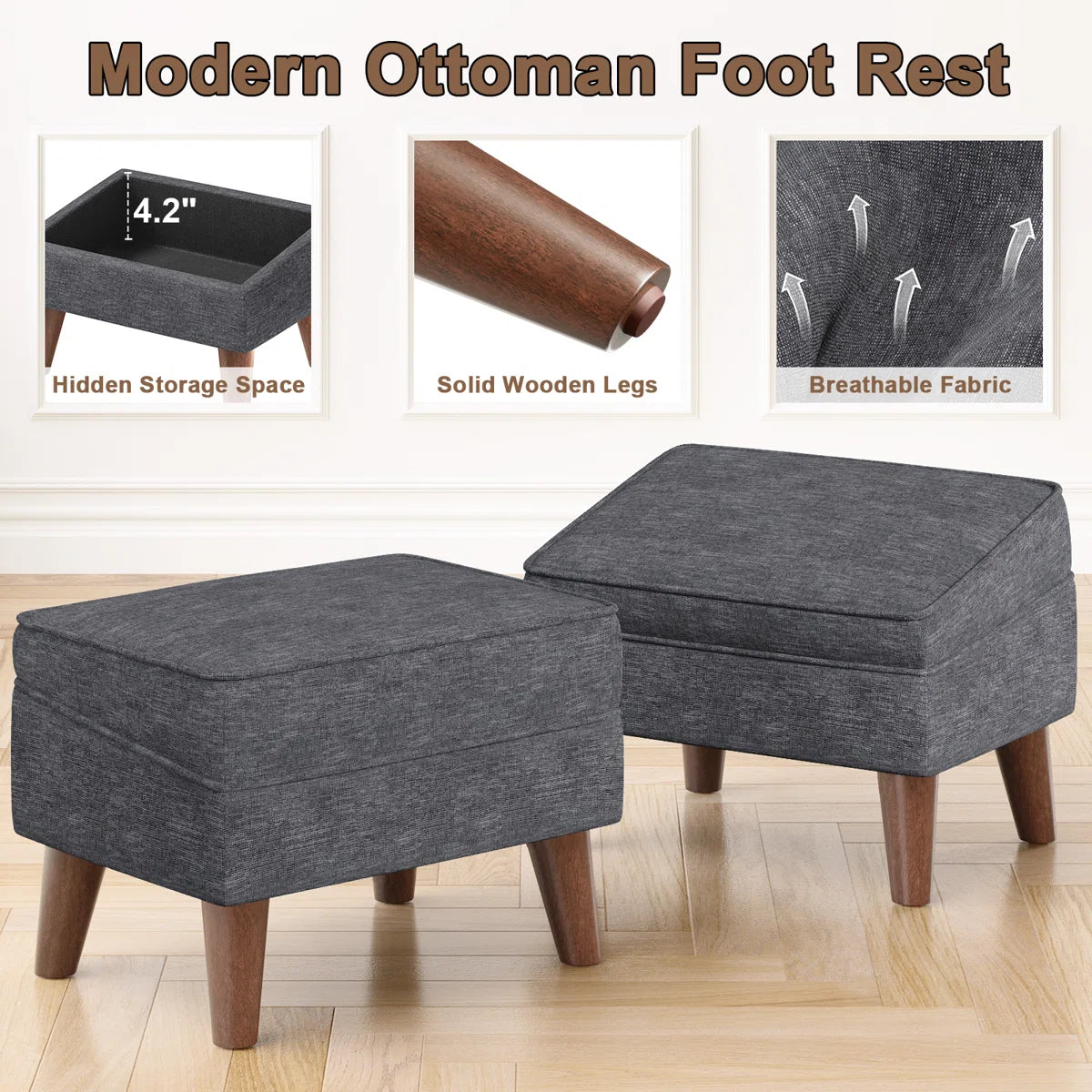 Hayak Fabric Ottoman In Charcoal Grey Colour With Storage
