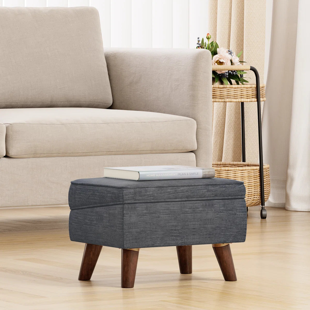 Hayak Fabric Ottoman In Charcoal Grey Colour With Storage
