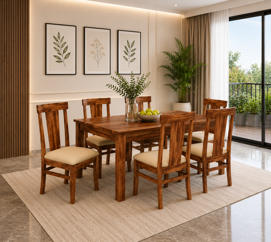 Heritage Solid Sheesham Wood 6 Seater Dining Table Set - Walnut Finish - Dining View by Febonic Living