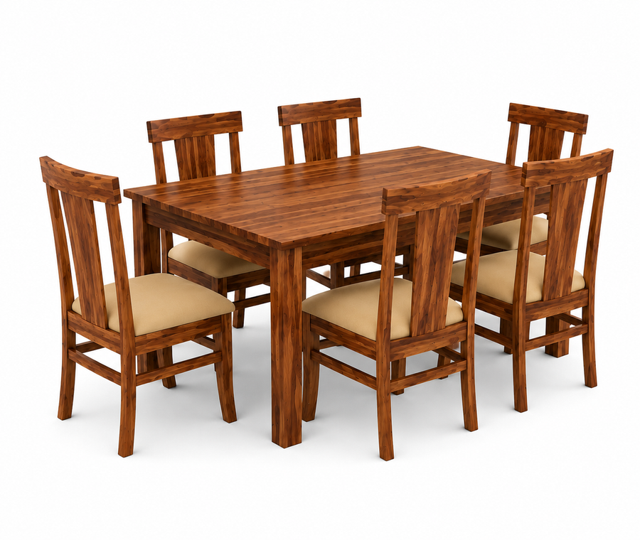 Heritage Solid Sheesham Wood 6 Seater Dining Table Set - Walnut Finish - Close View by Febonic Living