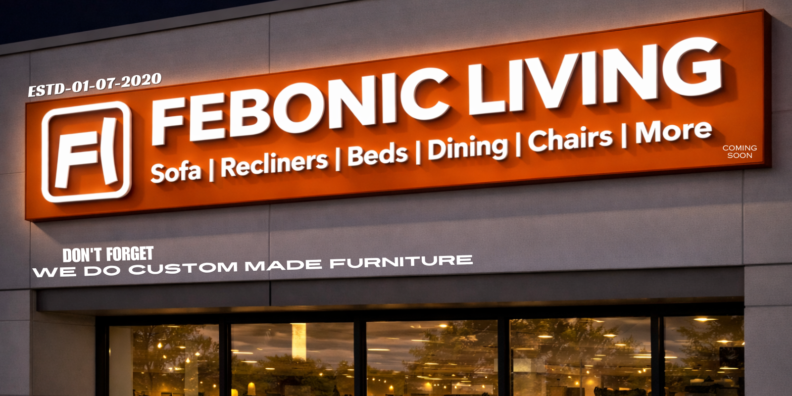 Febonic Living store sign with brand name and product categories.