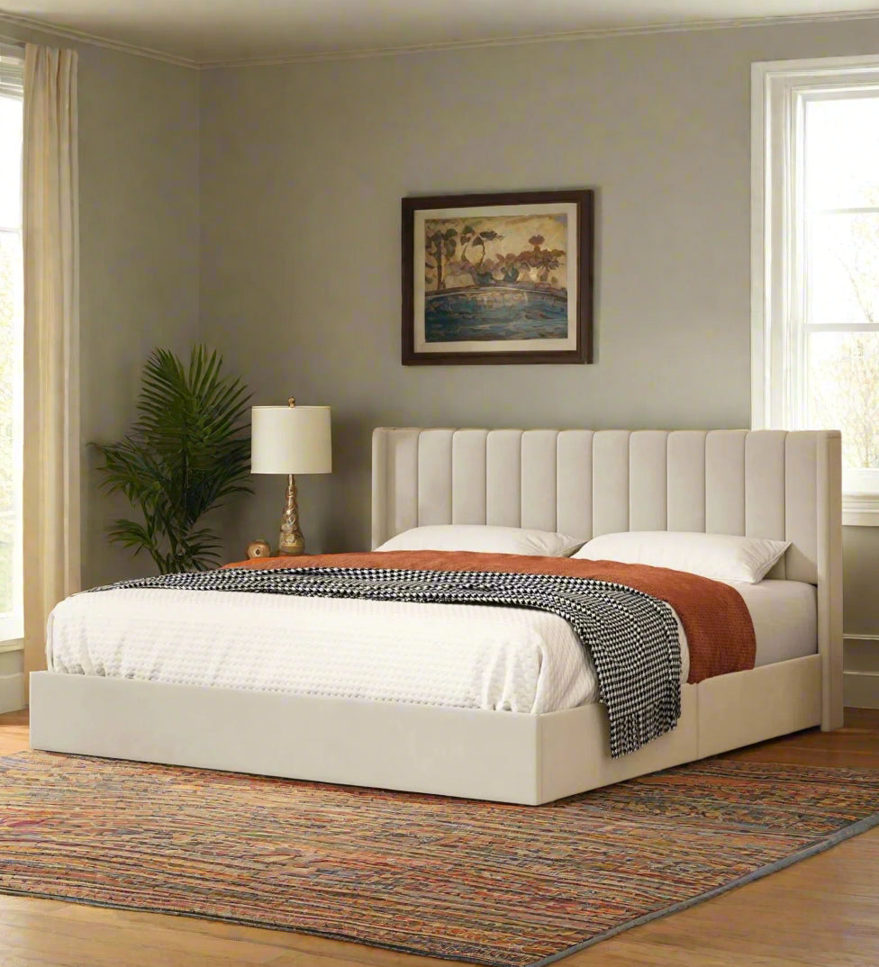 Hunar Velvet Upholstered King Size Bed In Warm White Colour With Drawer Storage