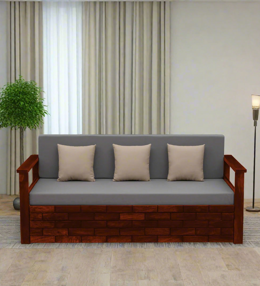 Imani Sheesham Wood Pull Out 3 Seater Sofa Cum Bed In Honey Oak Finish with Storage by Febonic Living