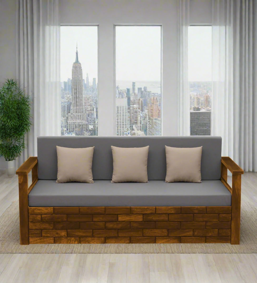Imani Sheesham Wood Pull Out 3 Seater Sofa Cum Bed In Rustic Teak Finish with Storage by Febonic Living