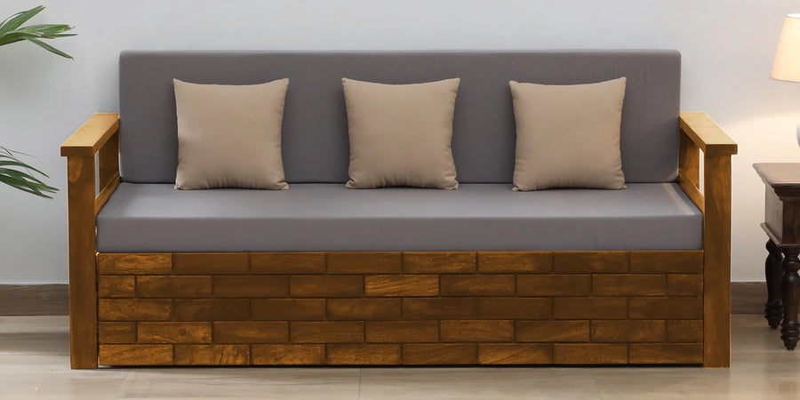 Imani Sheesham Wood Pull Out 3 Seater Sofa Cum Bed In Rustic Teak Finish with Storage - Febonic Living