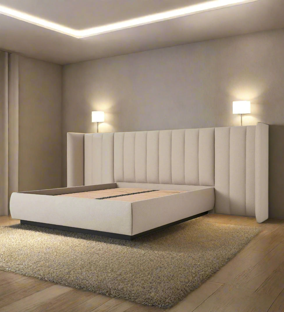 Ishan Fabric Upholstered King Size Bed In Pearl White Colour