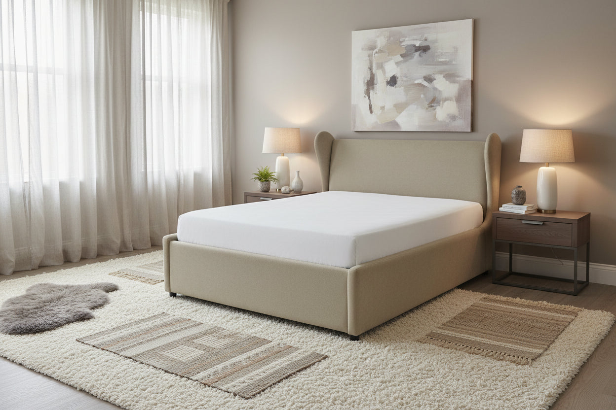 Ivana Velvet Upholstered Queen Size Bed In Camel Beige Colour