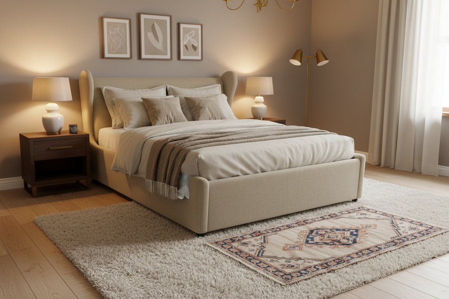 Ivana Velvet Upholstered Queen Size Bed In Camel Beige Colour - Febonic Living