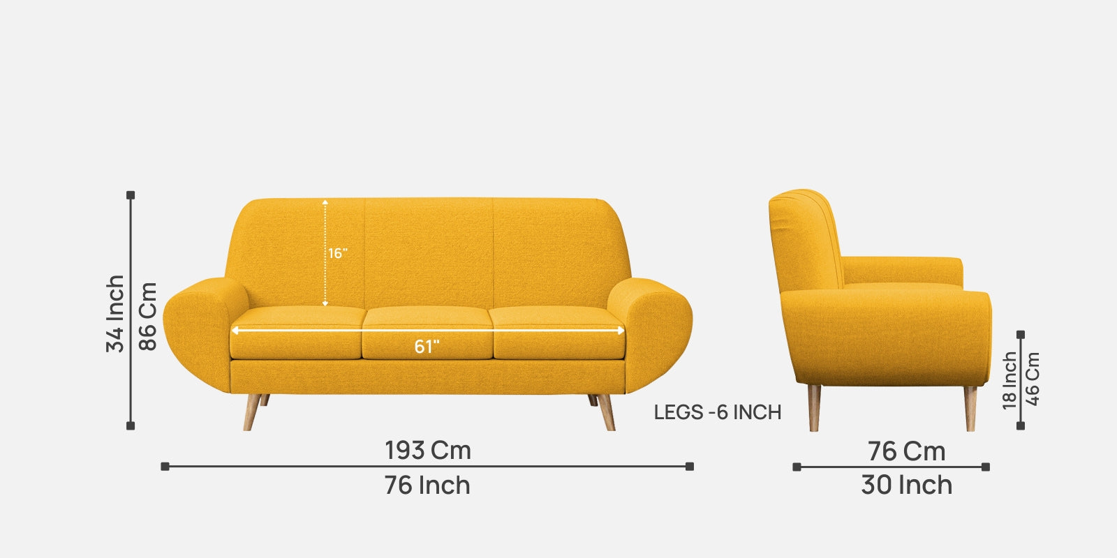 Jessy Fabric 3 Seater Sofa In Bold Yellow Colour