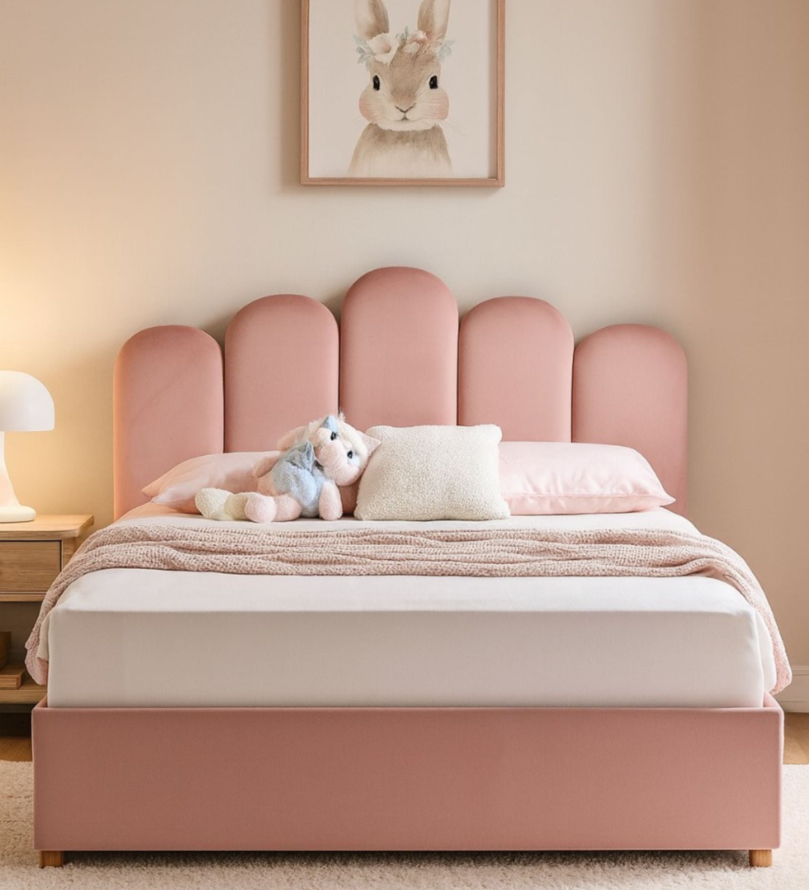Jille Velvet Upholstered Single Size Bed In Millenial Pink Colour