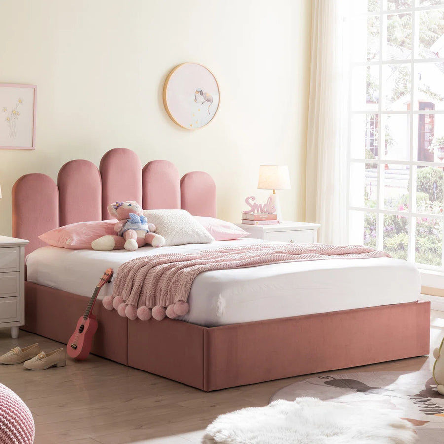 Jille Velvet Upholstered Single Size Bed In Millenial Pink Colour - Febonic Living