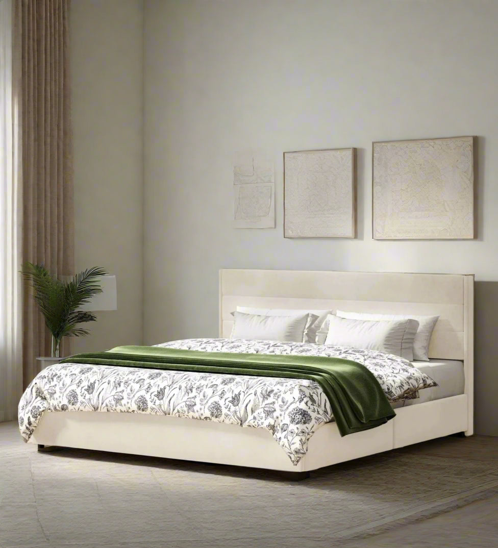 Joma Velvet Upholstered King Size Bed In Warm White Colour With Drawer Storage