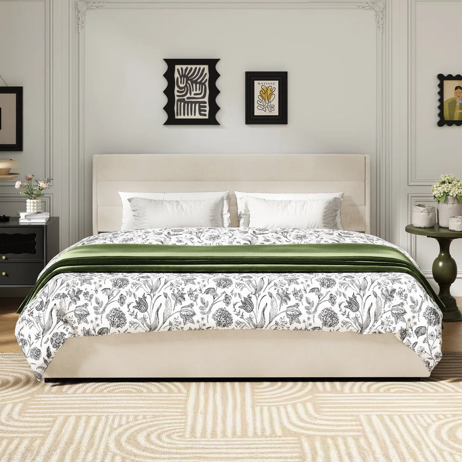 Joma Velvet Upholstered King Size Bed In Warm White Colour With Drawer Storage - Febonic Living