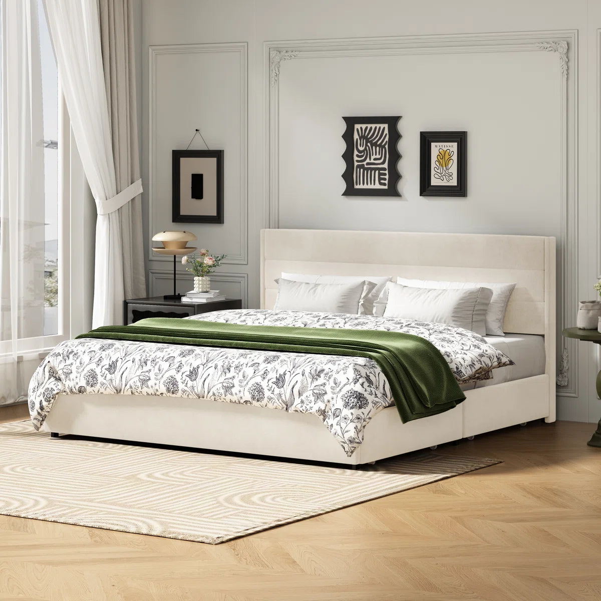 Joma Velvet Upholstered King Size Bed In Warm White Colour With Drawer Storage