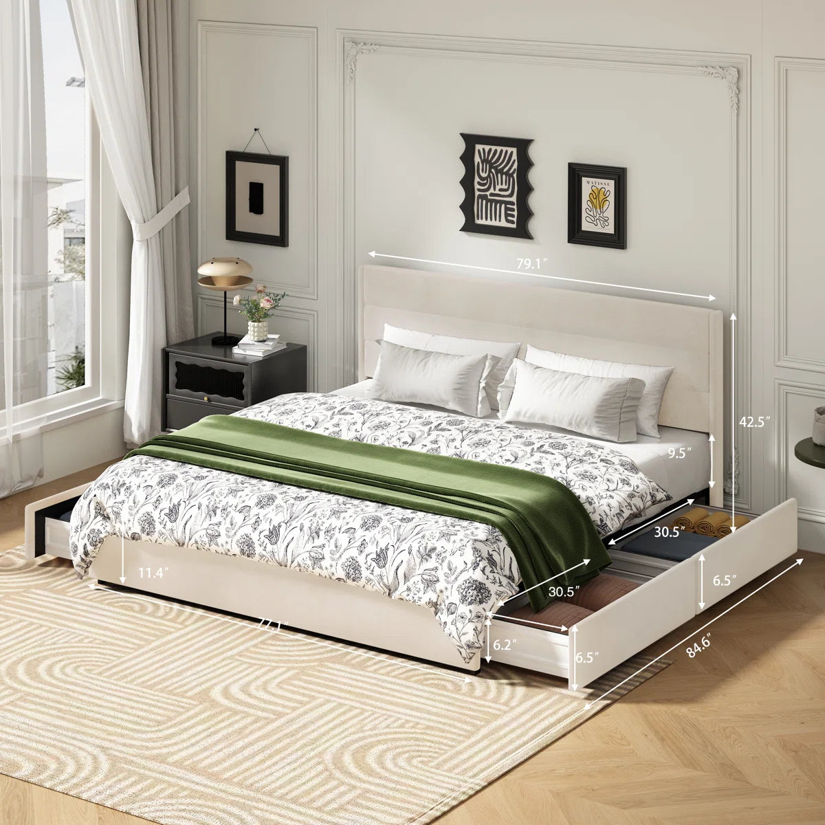 Joma Velvet Upholstered King Size Bed In Warm White Colour With Drawer Storage