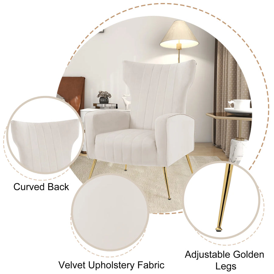 Cadal Velvet Wing Chair In Warm White Colour - Febonic Living