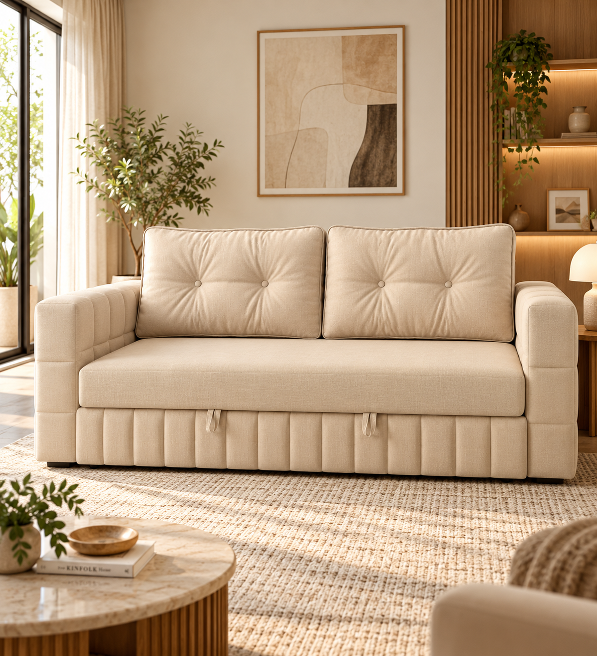 Jovi 3 Seater Pull Out Cum Bed Fabric Sofa - Cream Beige