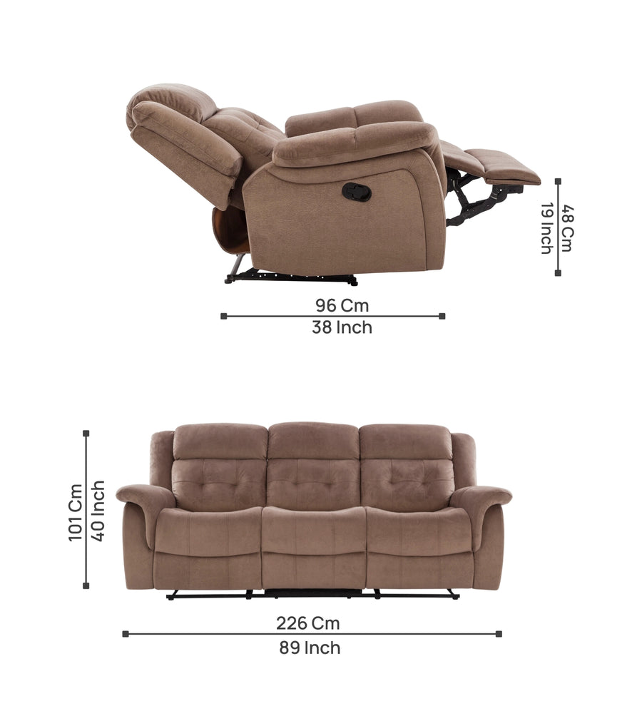 Joy 3 Seater Motorized Velvet Fabric Recliner - Mocha Mouse - Dimensions by Febonic Living