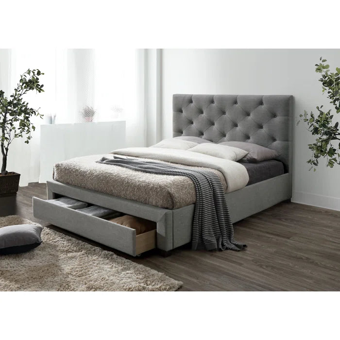 Juris Fabric Upholstered Queen Size Bed In Lit Grey Colour with Drawer Storage