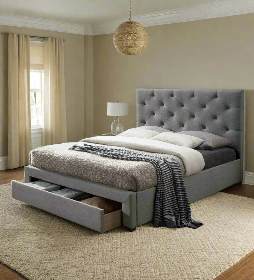 Juris Fabric Upholstered Queen Size Bed In Lit Grey Colour with Drawer Storage
