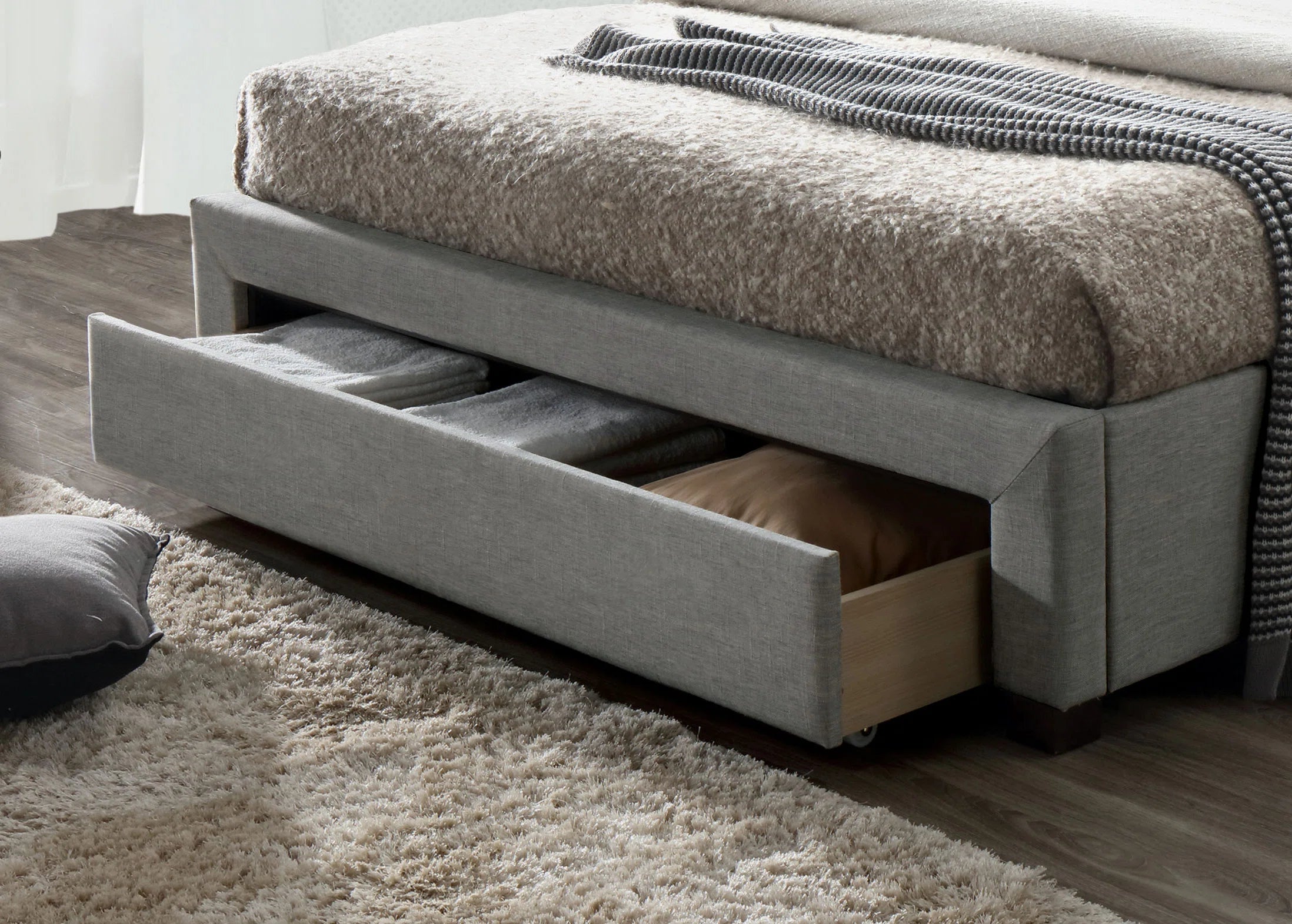 Juris Fabric Upholstered Queen Size Bed In Lit Grey Colour with Drawer Storage