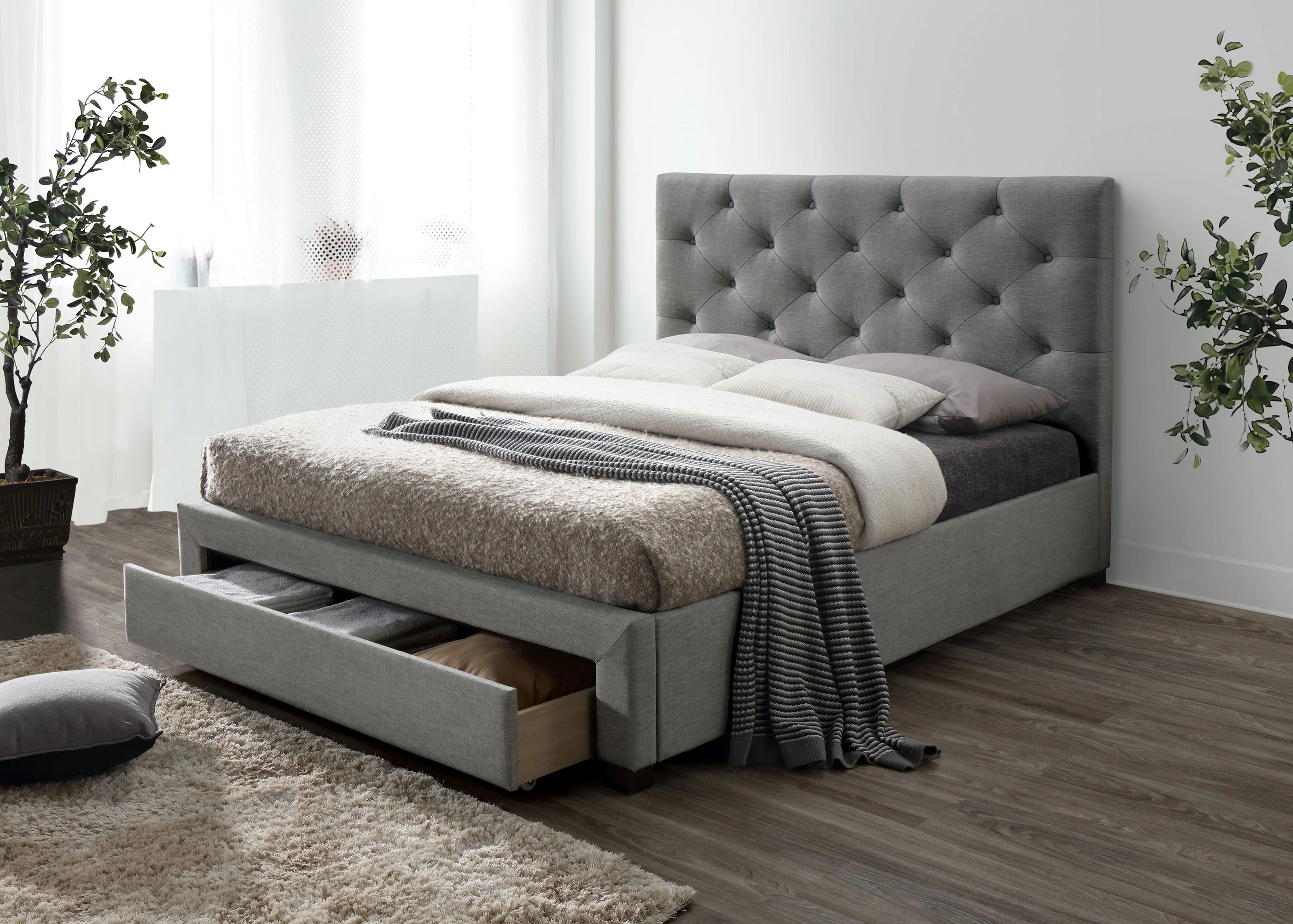 Juris Fabric Upholstered Queen Size Bed In Lit Grey Colour with Drawer Storage