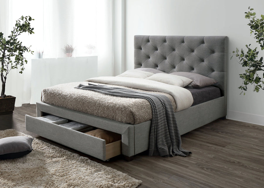 Juris Fabric Upholstered Queen Size Bed In Lit Grey Colour With Drawer Storage - Febonic Living