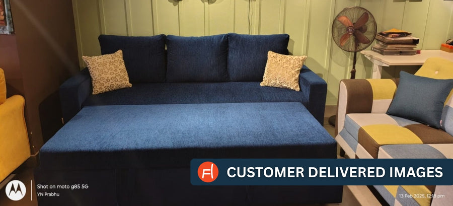 Kara Fabric 3 Seater Pull Out Sofa Cum Bed In Denim Blue Colour - Febonic Living