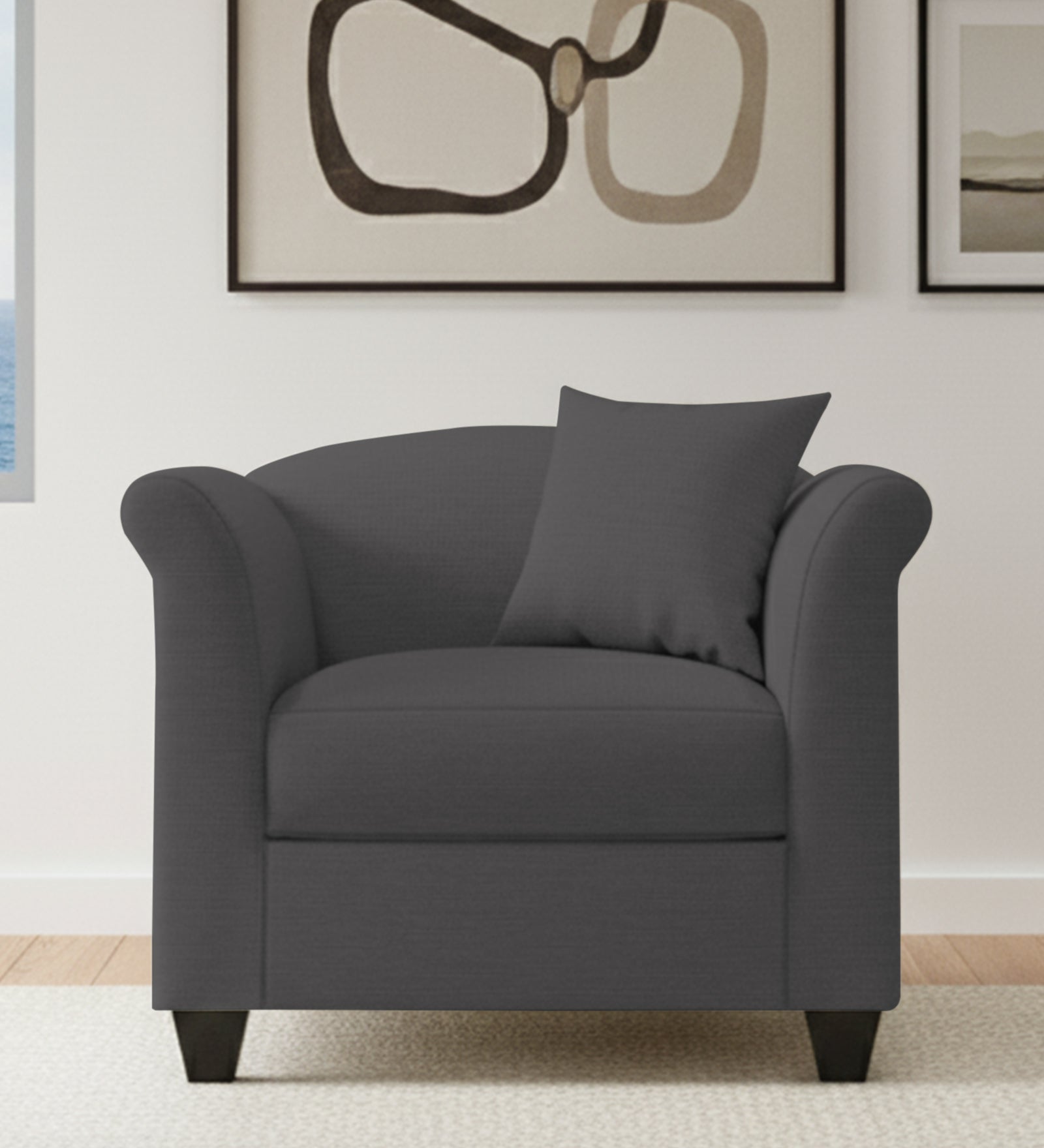 Kimber Fabric 1 Seater Sofa In Charcoal Grey Colour