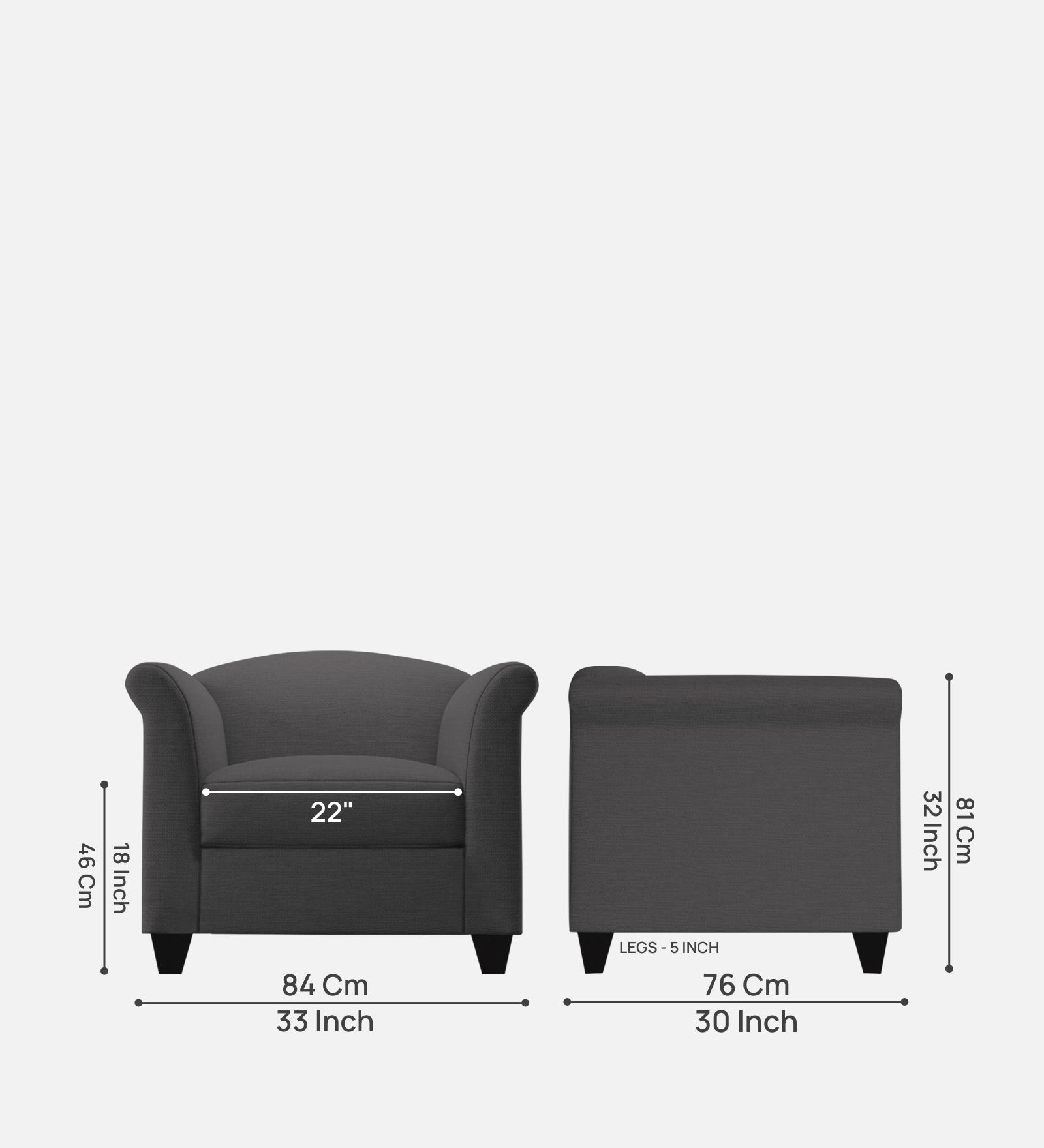 Kimber Fabric 1 Seater Sofa In Charcoal Grey Colour