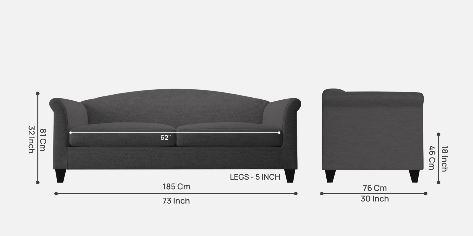 Kimber Fabric 3 Seater Sofa In Charcoal Grey Colour