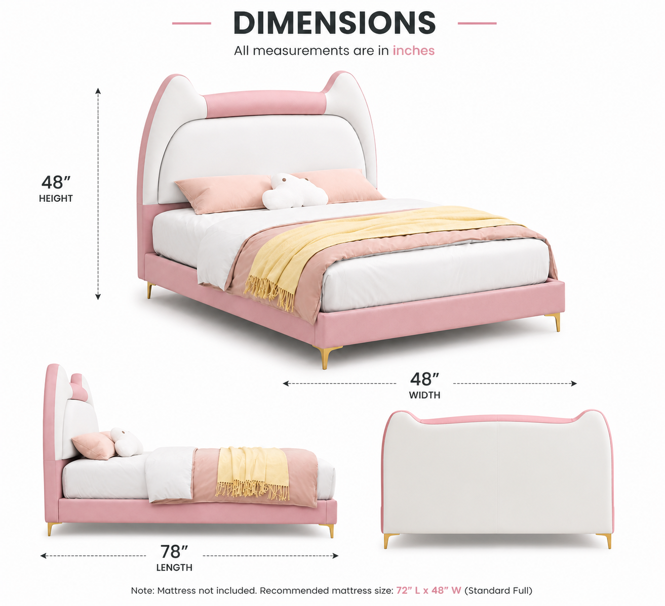 Kitty Upholstered Velvet Kids Bed Without Storage - Pink & White - Dimensions by Febonic Living