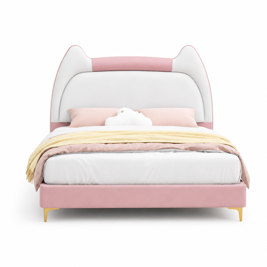 Kitty Upholstered Velvet Kids Bed Without Storage - Pink & White - Front View by Febonic Living