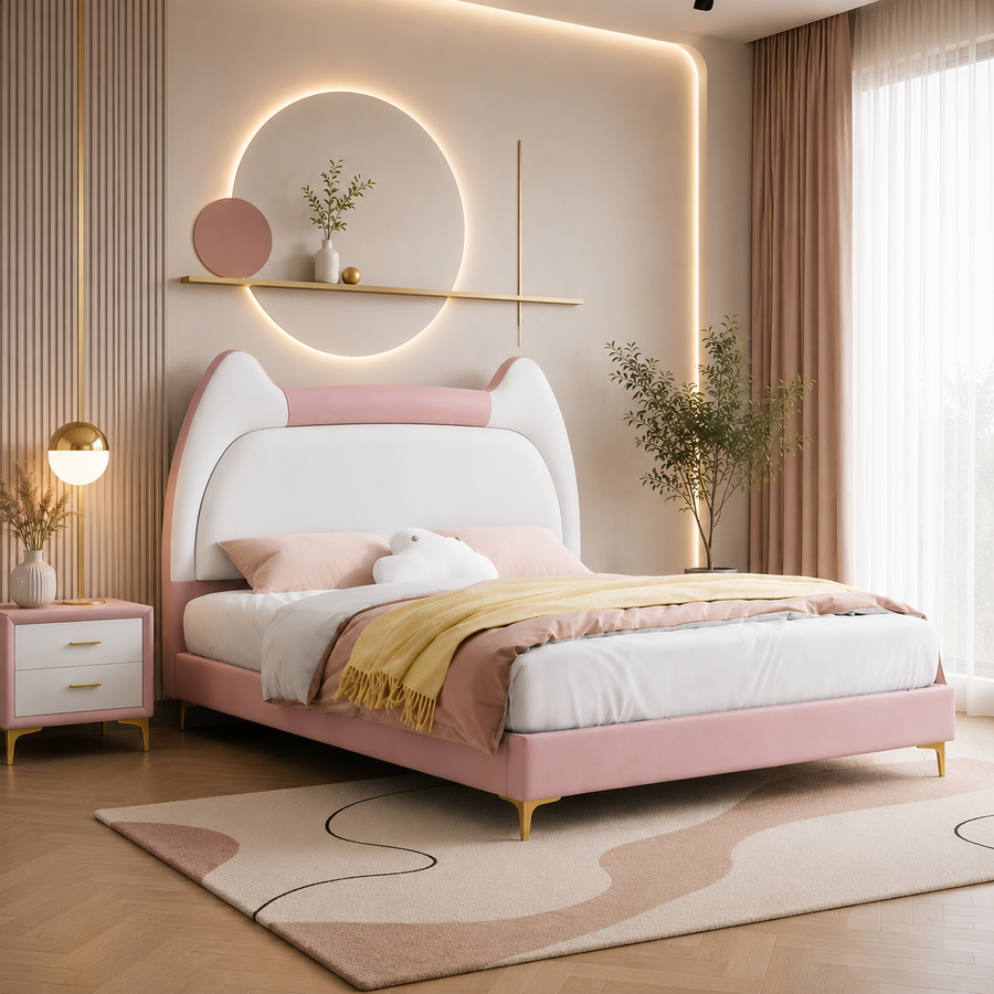 Kitty Upholstered Velvet Queen Bed Without Storage - Pink & White - Bedroom View by Febonic Living