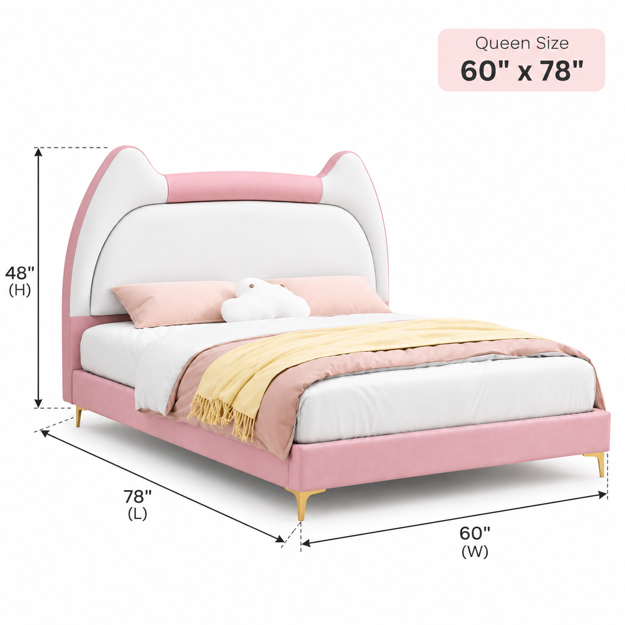 Kitty Upholstered Velvet Queen Bed Without Storage - Pink & White - Dimensions by Febonic Living