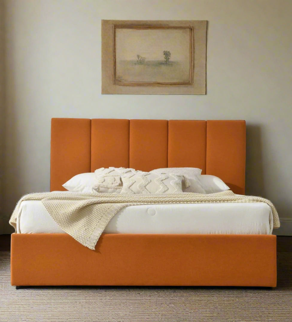 Korin Fabric Upholstered Queen Size Bed In Royal Orange Colour with Drawer Storage