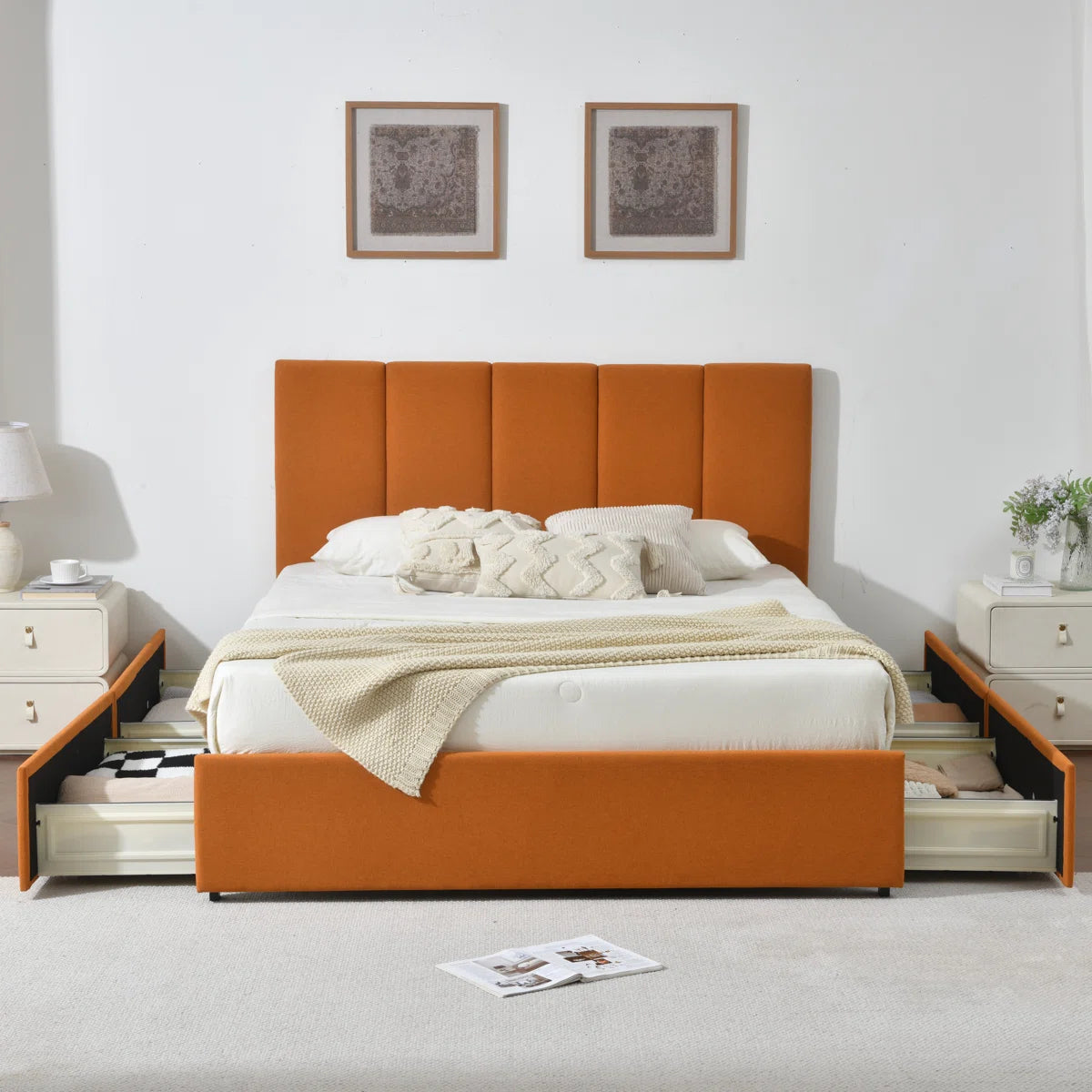 Korin Fabric Upholstered Queen Size Bed In Royal Orange Colour with Drawer Storage
