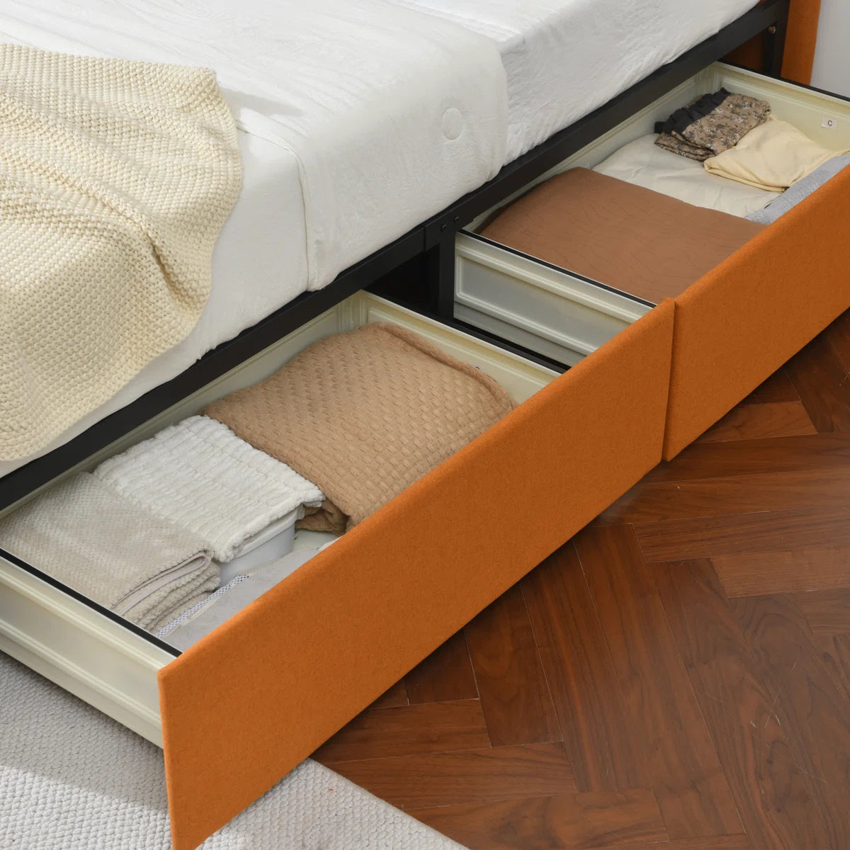 Korin Fabric Upholstered Queen Size Bed In Royal Orange Colour with Drawer Storage