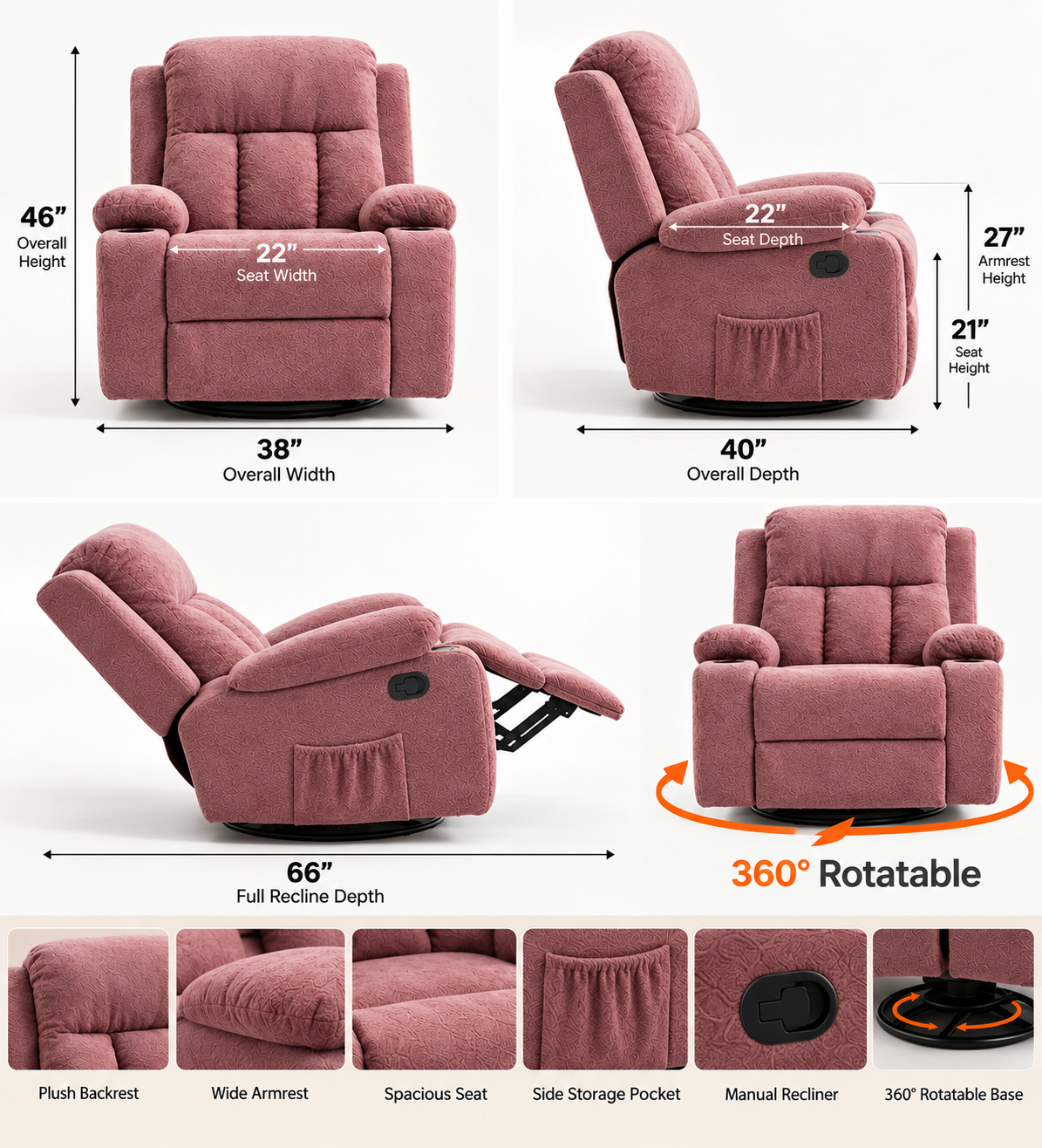 Kosly 1 Seater Rotating Manual Recliner - Rose Pink