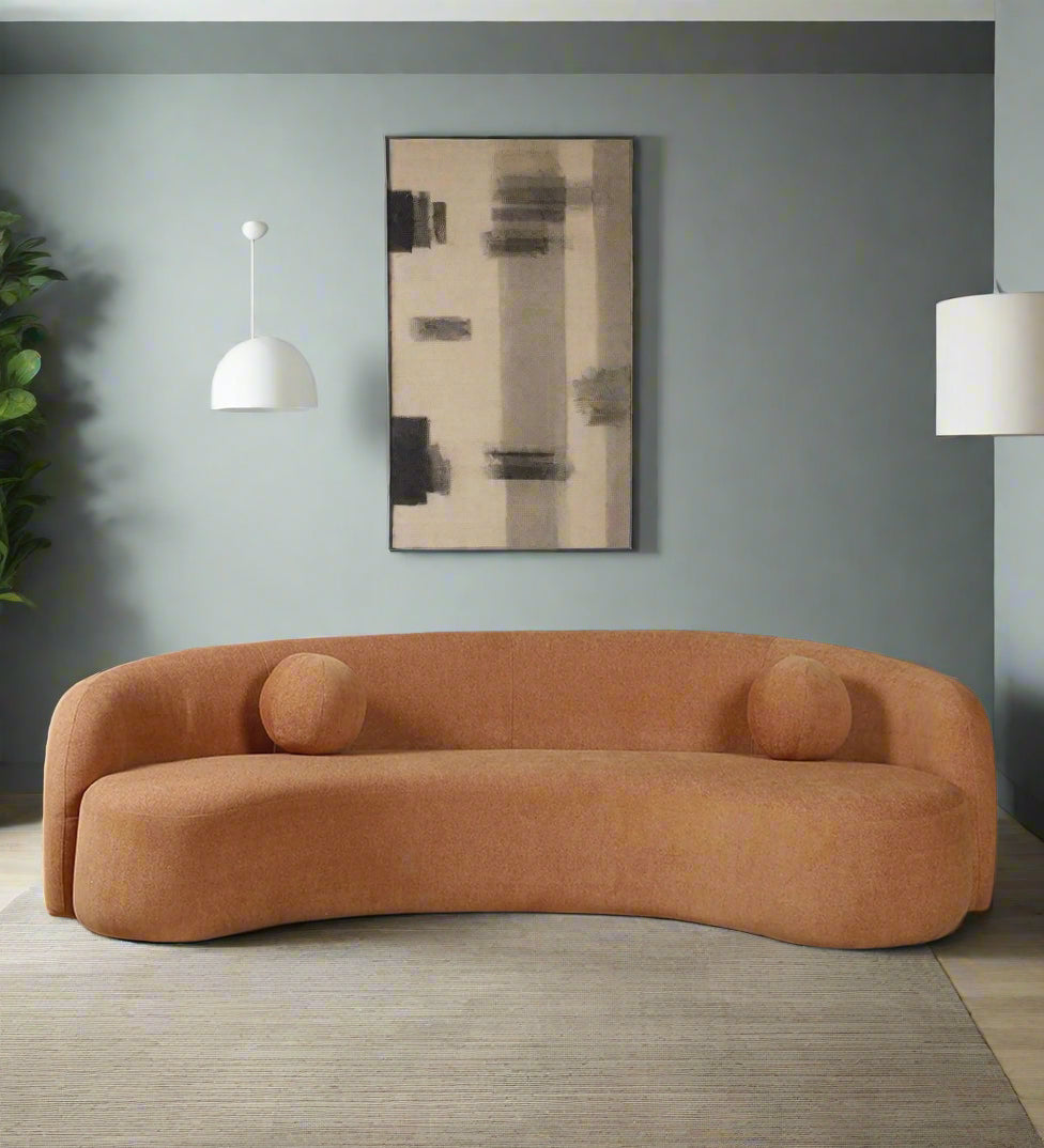 Kurva Boucle Fabric 3 Seater Curved Sofa In Light Orange Colour