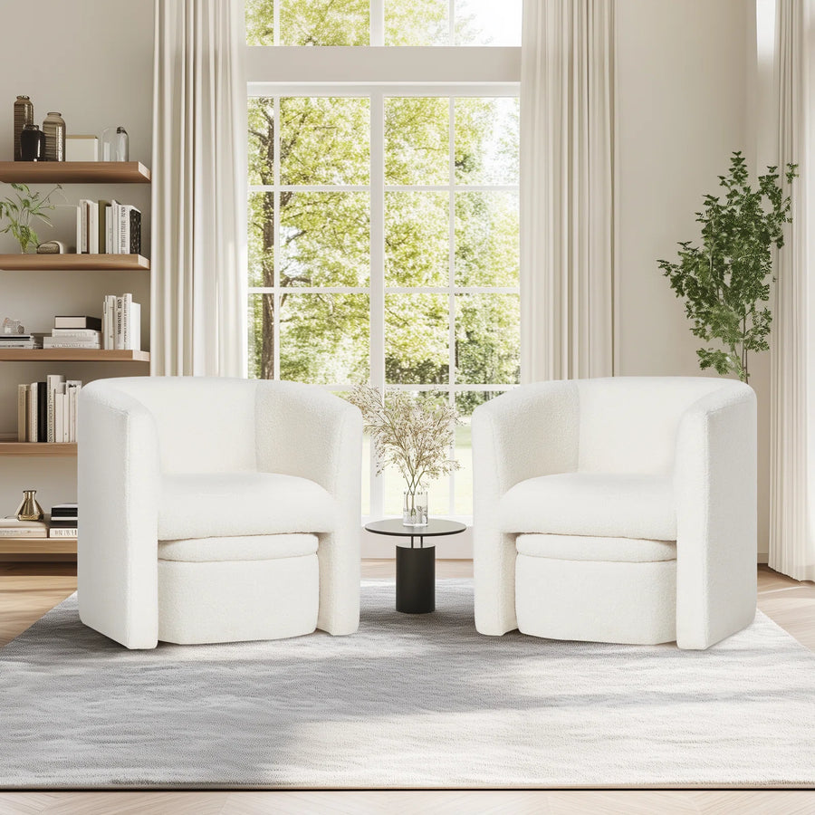 Azma Boucle Barrel Chair With Storage Ottoman In Shell White Colour - Febonic Living