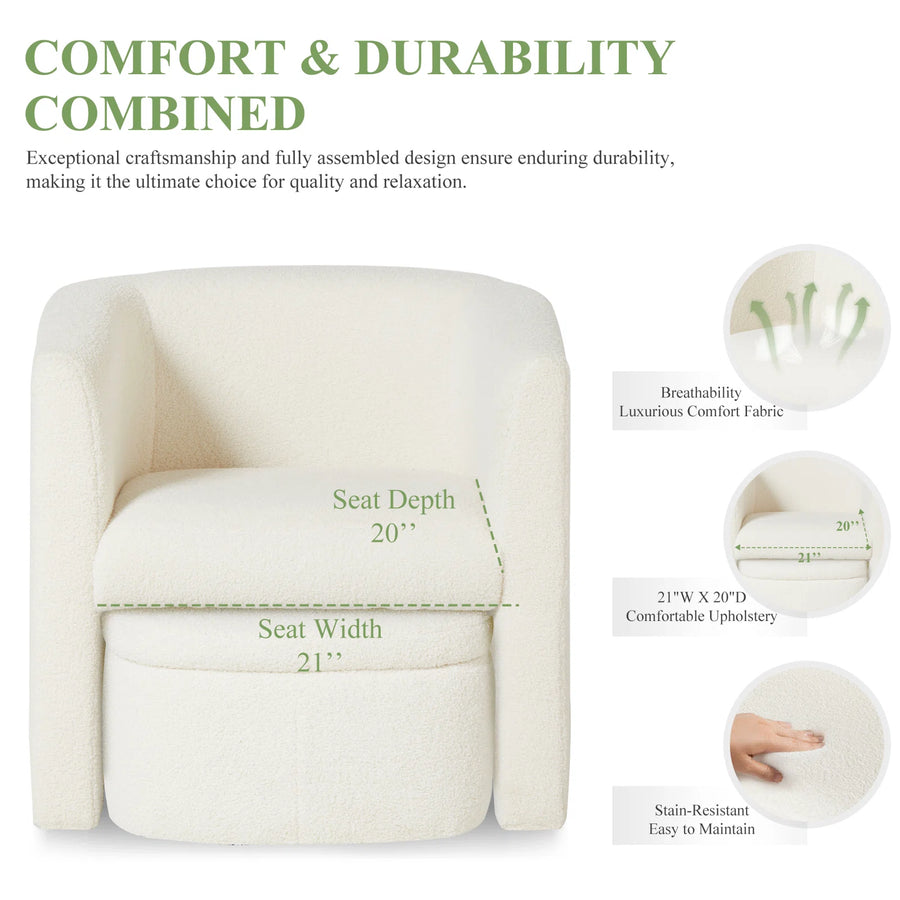 Azma Boucle Barrel Chair With Storage Ottoman In Shell White Colour - Febonic Living