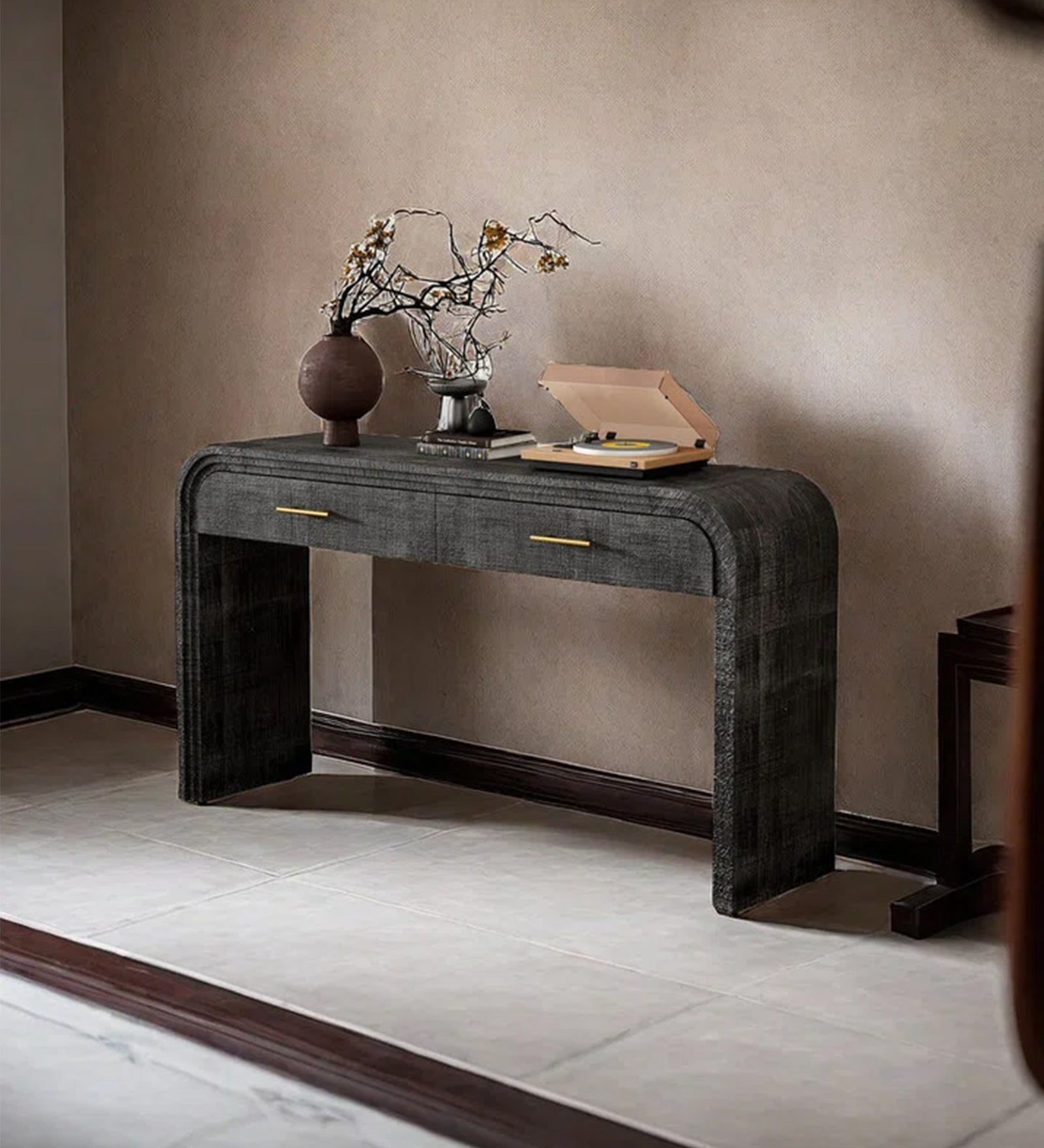 Kynlee Solid Wood Console Table In Antique Black Wood Finish - Febonic Living