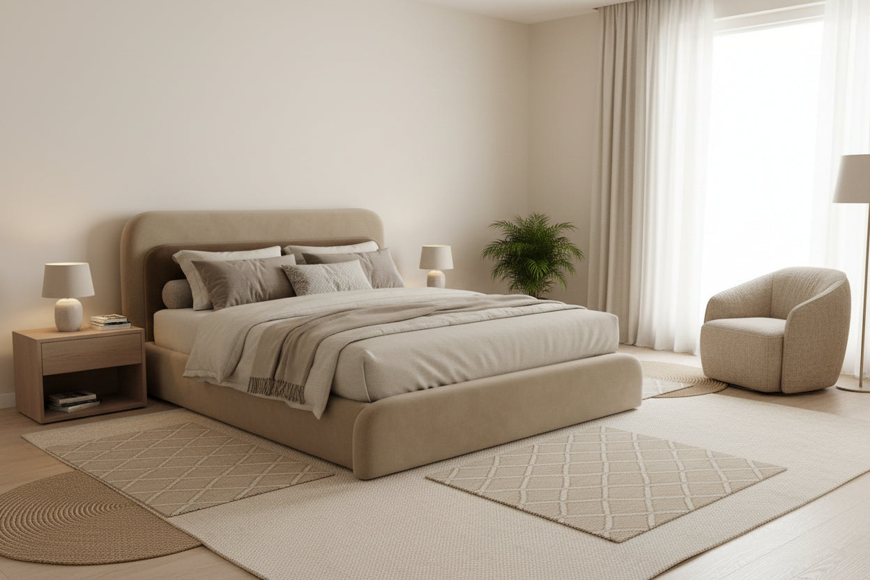 Lavis Velvet Upholstered Queen Size Bed In Camel Beige Colour With Box Storage