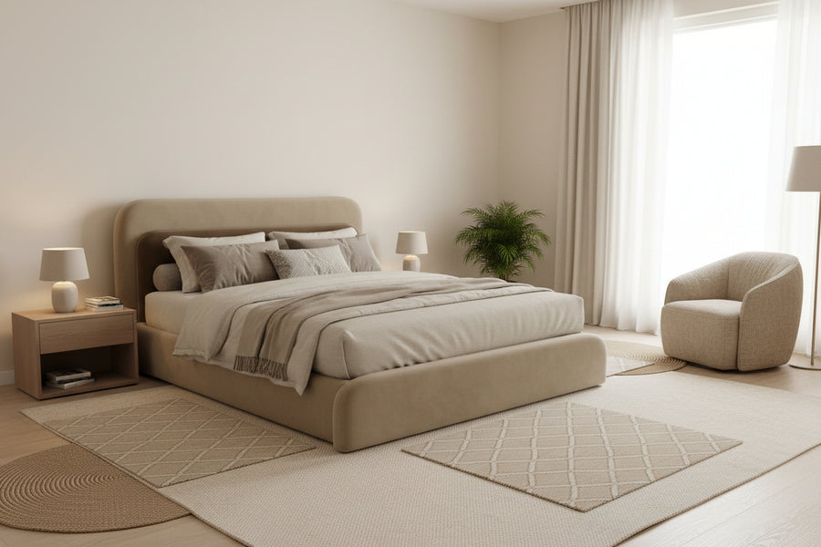 Lavis Velvet Upholstered Queen Size Bed In Camel Beige Colour With Box Storage - Febonic Living