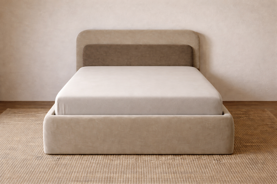 Lavis Velvet Upholstered Queen Size Bed In Camel Beige Colour With Box Storage - Febonic Living