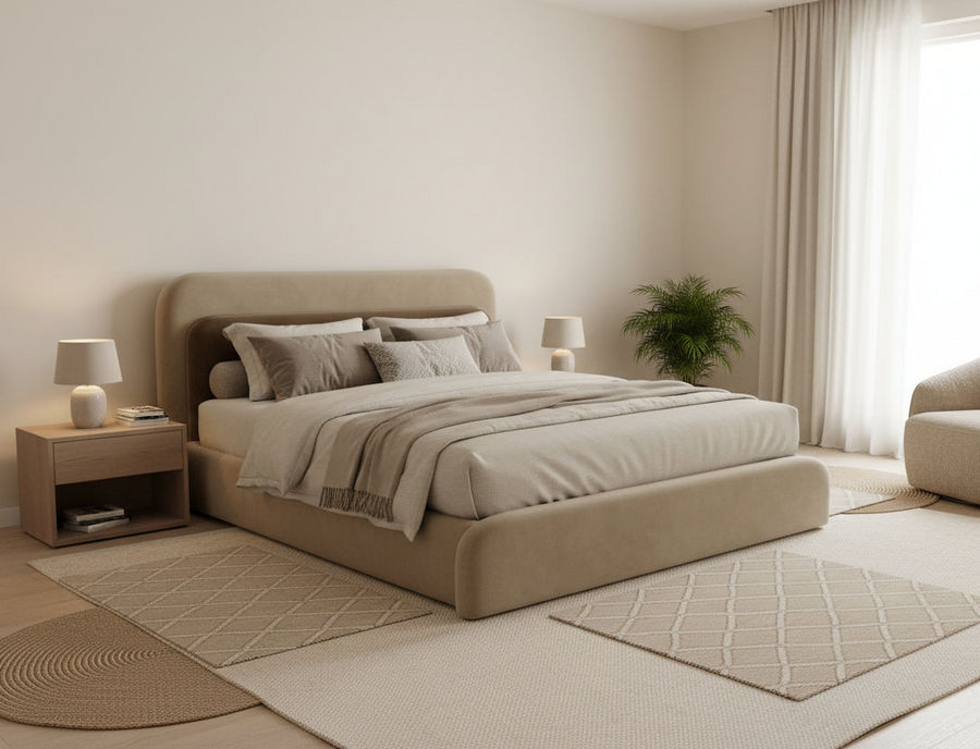 Lavis  Upholstered Velvet Queen Size Bed - Camel Beige (Box Storage) by Febonic Living