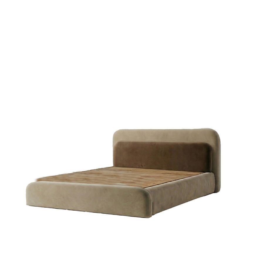 Lavis Velvet Upholstered Queen Size Bed In Camel Beige Colour With Box Storage - Febonic Living