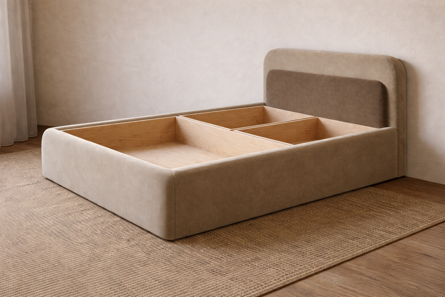 Lavis Velvet Upholstered Queen Size Bed In Camel Beige Colour With Box Storage