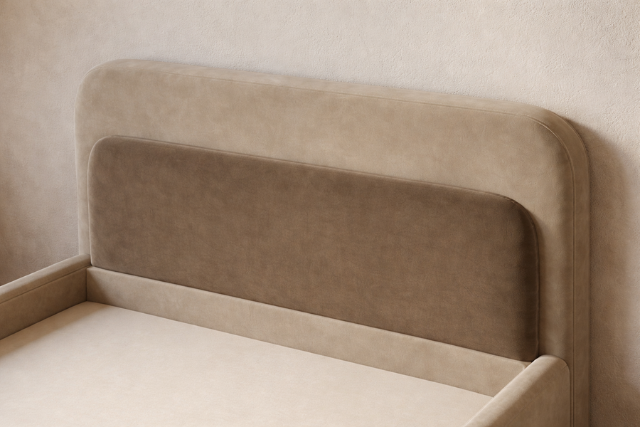 Lavis Velvet Upholstered Queen Size Bed In Camel Beige Colour With Box Storage - Febonic Living